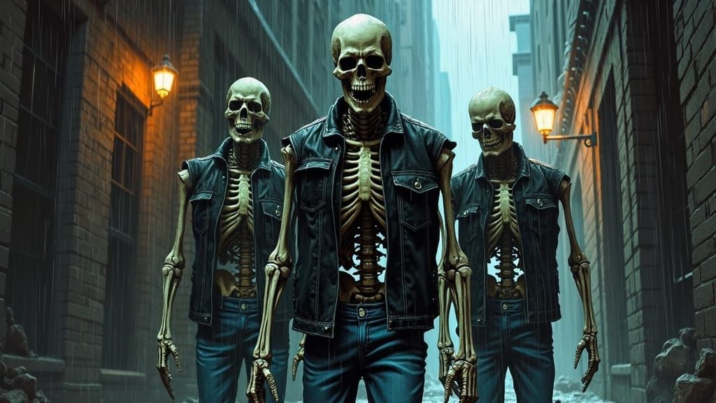 Gritty Skeleton Thugs in a Rain-Soaked City Alley