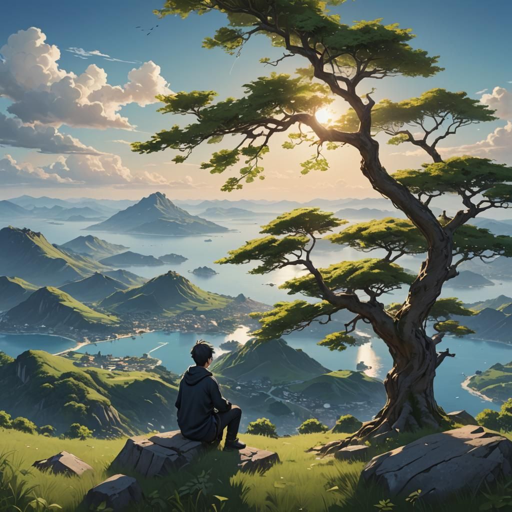 Man on Hill: Anime-Inspired 3D Landscape
