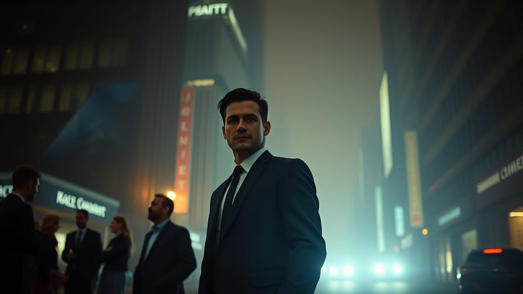 Determined Professional in Atmospheric Cityscape at Dusk