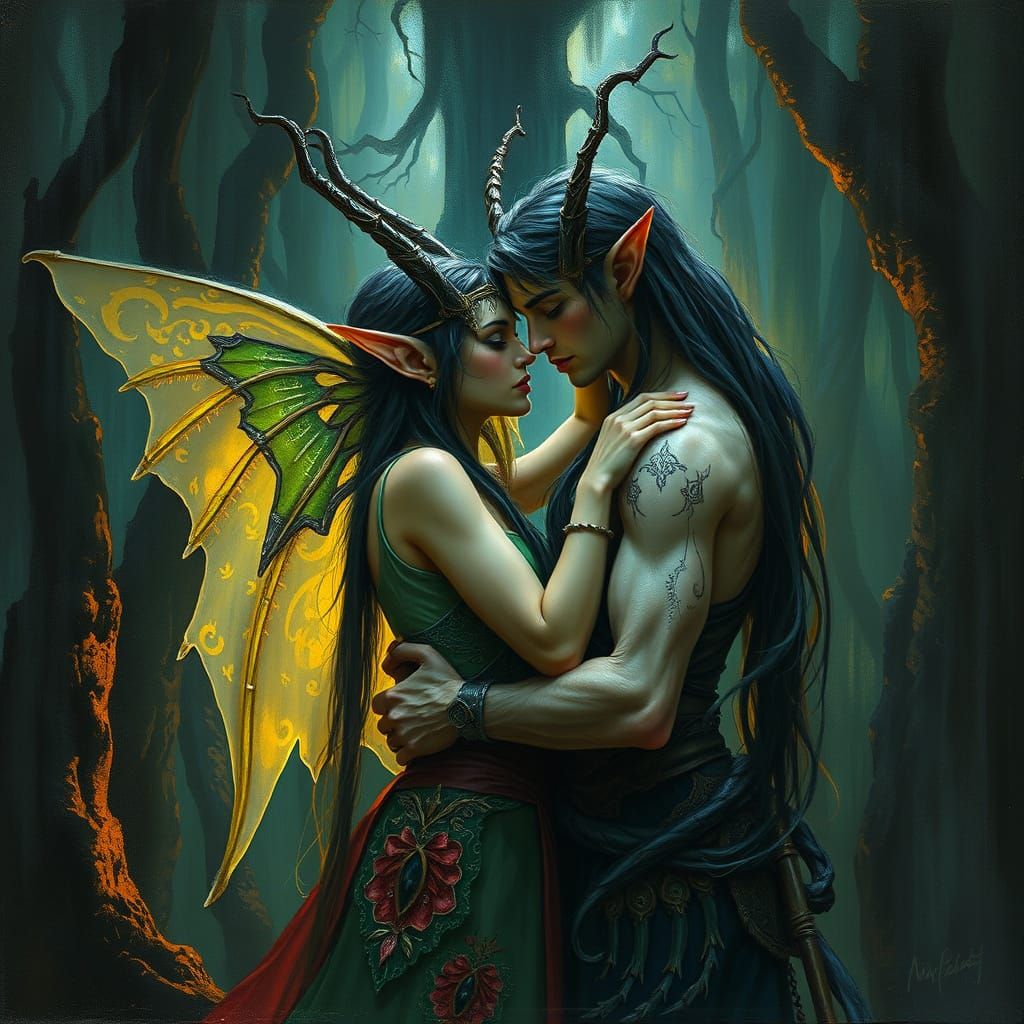 Elven Lovers in Dark Forest: Fantasy Art