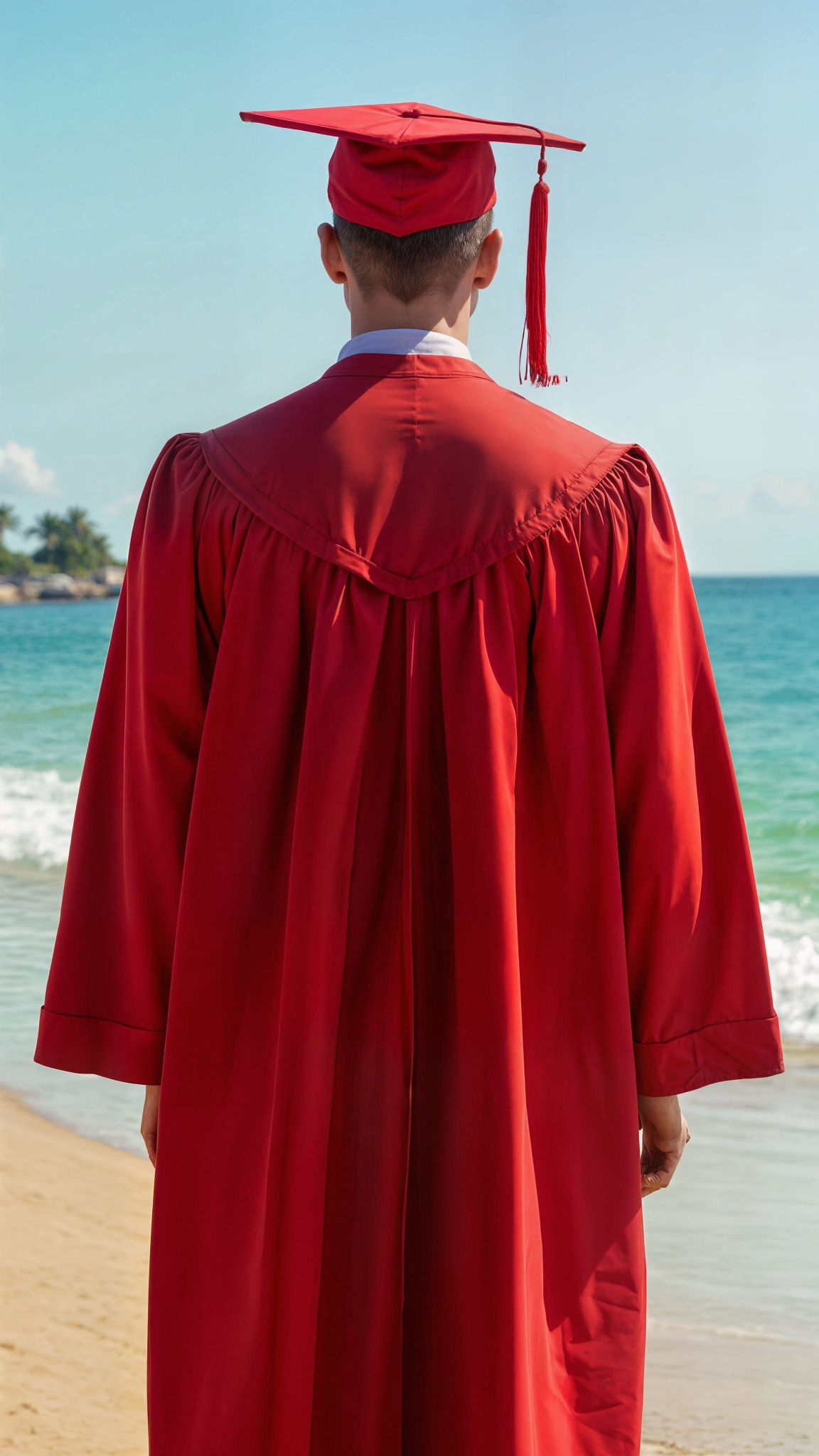Young Man in Red Graduation Gown Stands on Beach