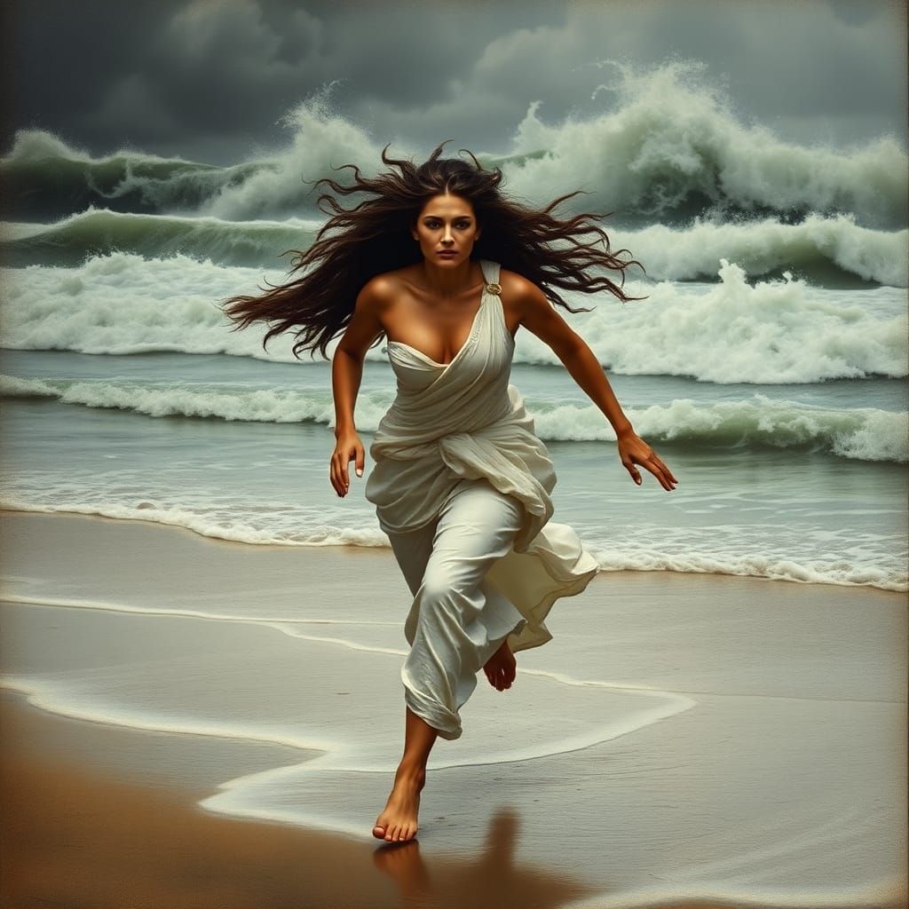 Medusa-Inspired Woman Fleeing on Stormy Beach