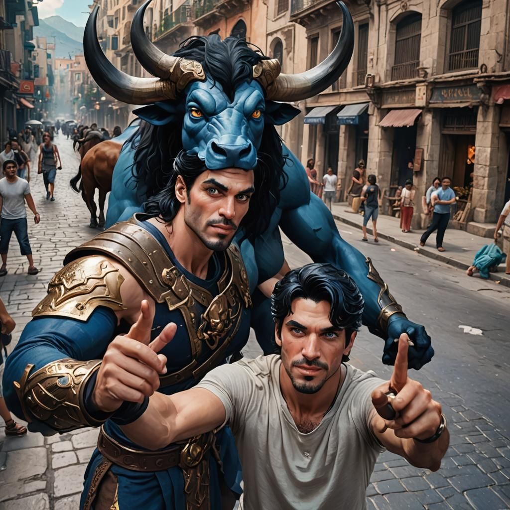 Prince Dane Selfie with Minotaur, Hyperrealistic Splash Art