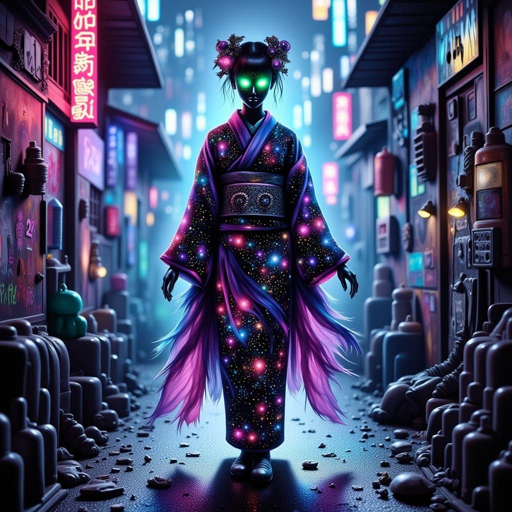 Cyberpunk Geisha in Neon Alleyway, Futuristic Style
