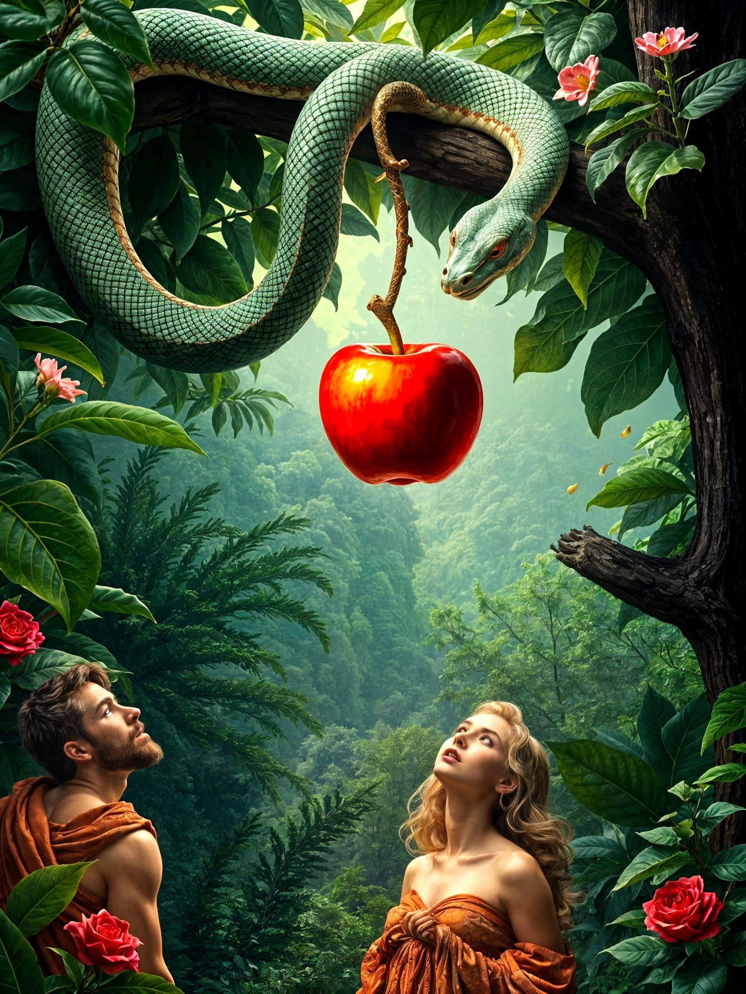 Adam and Eve Temptation in a Hyperrealistic Bible Style