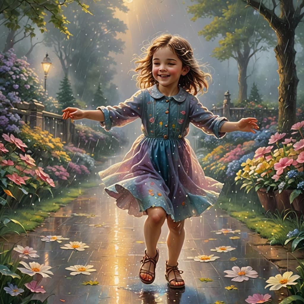 Child's Joyful Dance in Rainy Fantasy Landscape