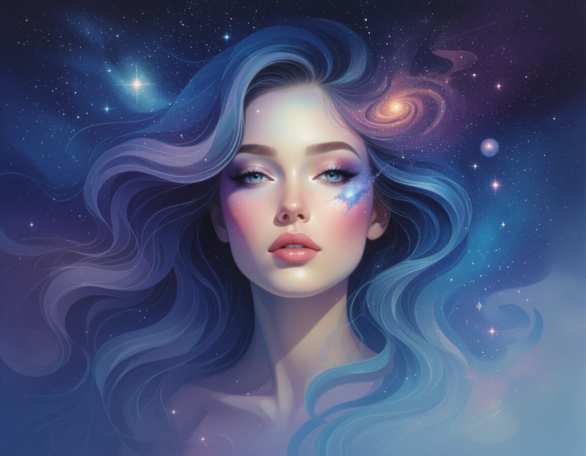 Surreal Airbrush Portrait: Woman with Starry Hair
