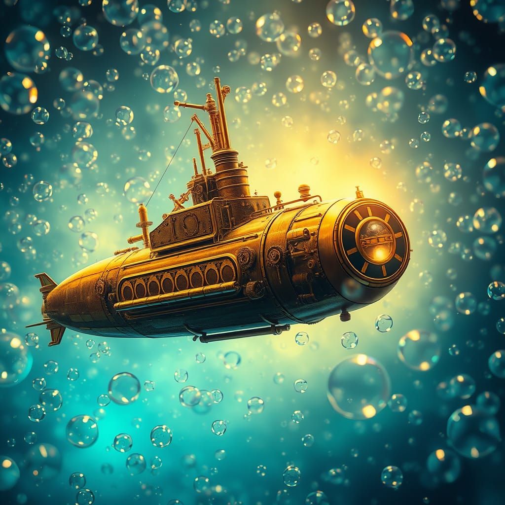 Steampunk Submarine Navigating a Shimmering Bubble Ocean