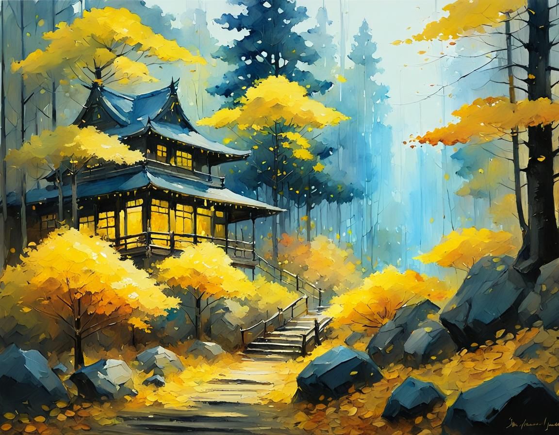 (a autumn forest; yellow leaves; yellow:1.2);watercolor calligraphy; oil painting