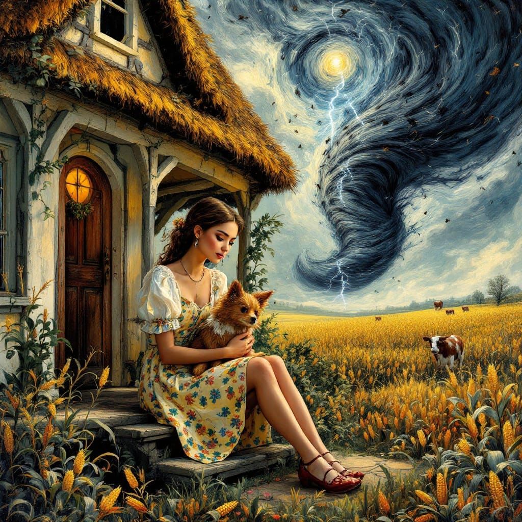 Hyper Realistic Portrait of Dorothy and Toto in a Stormy Lan...