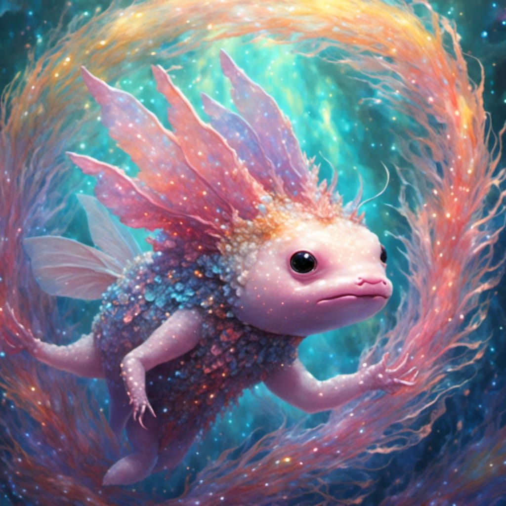 Angelic Rainbow Axolotl in Glittery Fantasy Style