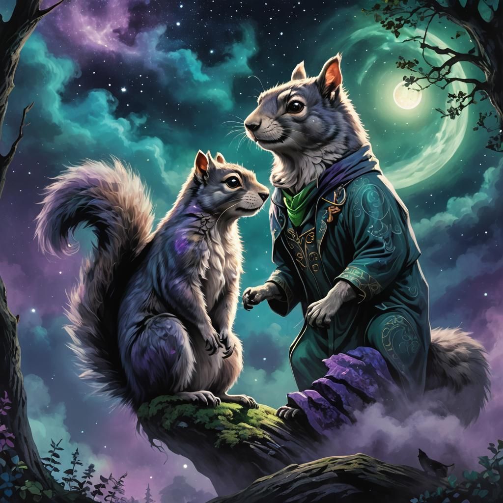 Harry Potter Squirrel with Wolf in Moonlit Scene