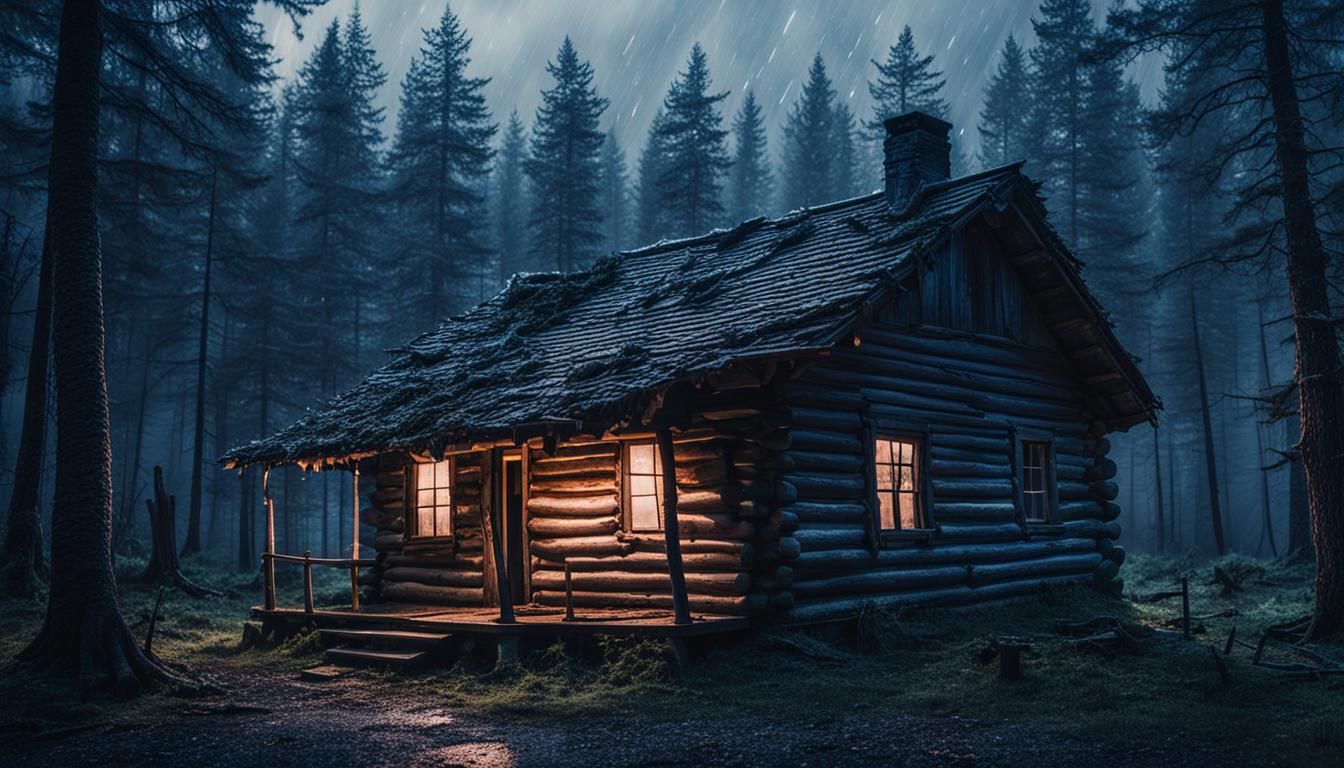 An abandoned cabin in the woods at dusk as it starts to rain heavily and the intrepid explorers have to go inside to tak...