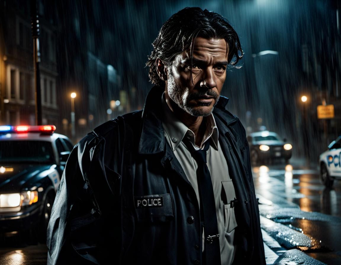 Weary Detective Investigates Crime Scene in Rain