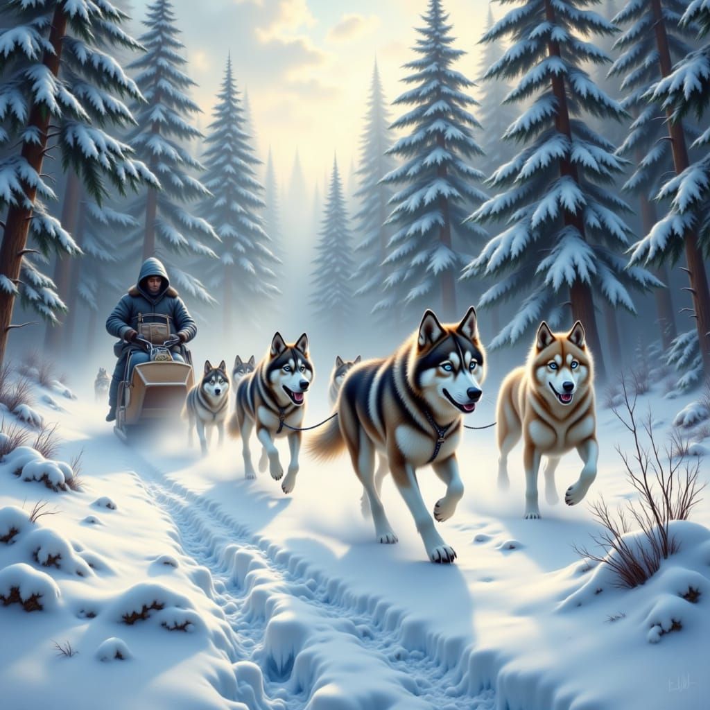 Siberian Huskies Pull Sled Through Snowy Forest