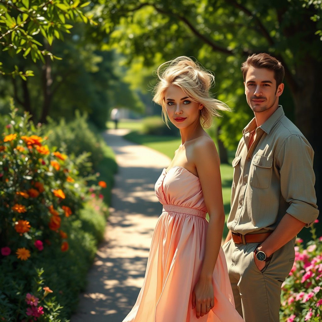Park Scene: Blonde Woman and Handsome Man in Sunlight