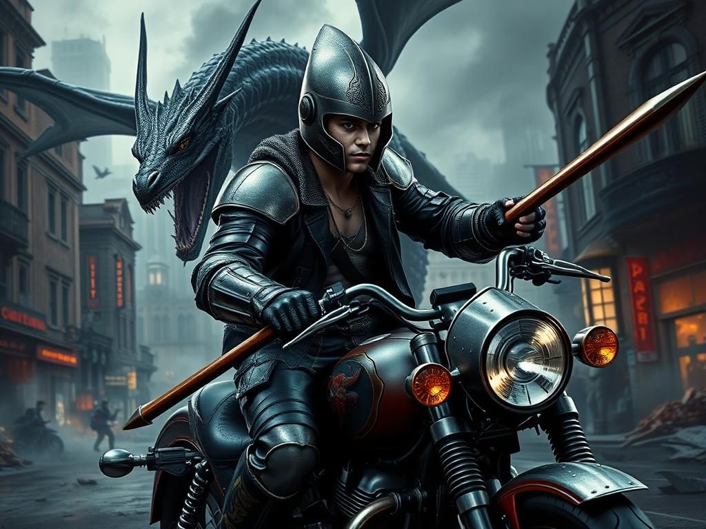 Motorcycle Knight Charges Dragon in Dark Fantasy Cityscape