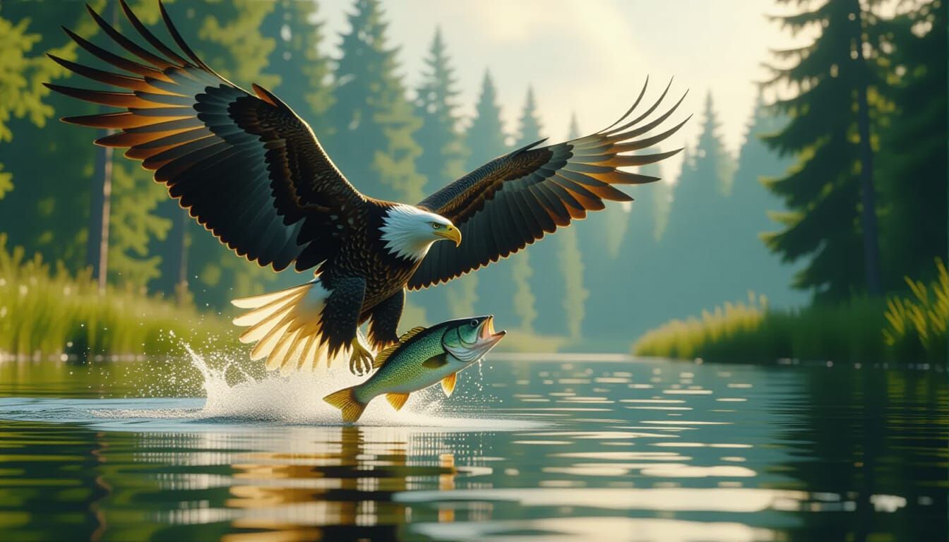 Eagle Grabs Bass Fish in Serene Lake, Cinematic Film Still