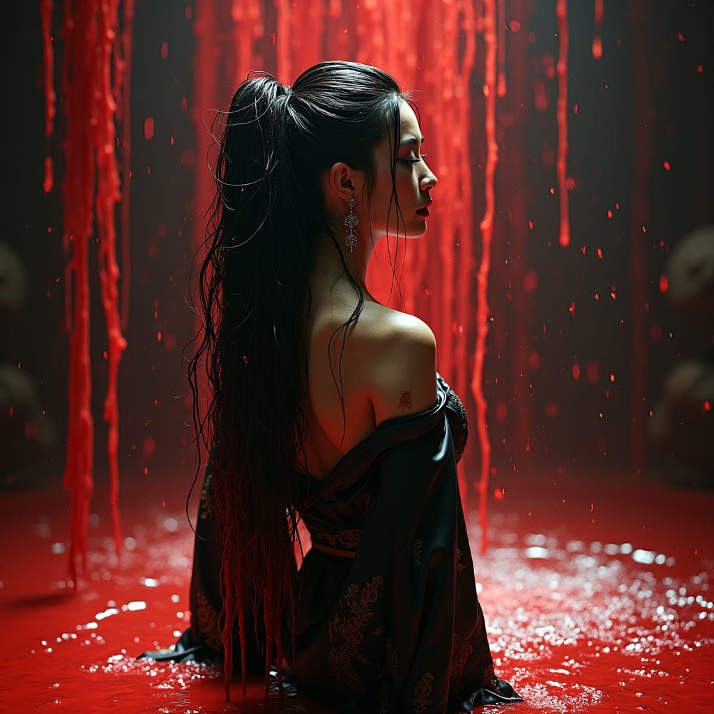 Crimson Waterfall: Asian Woman in Cinematic Style
