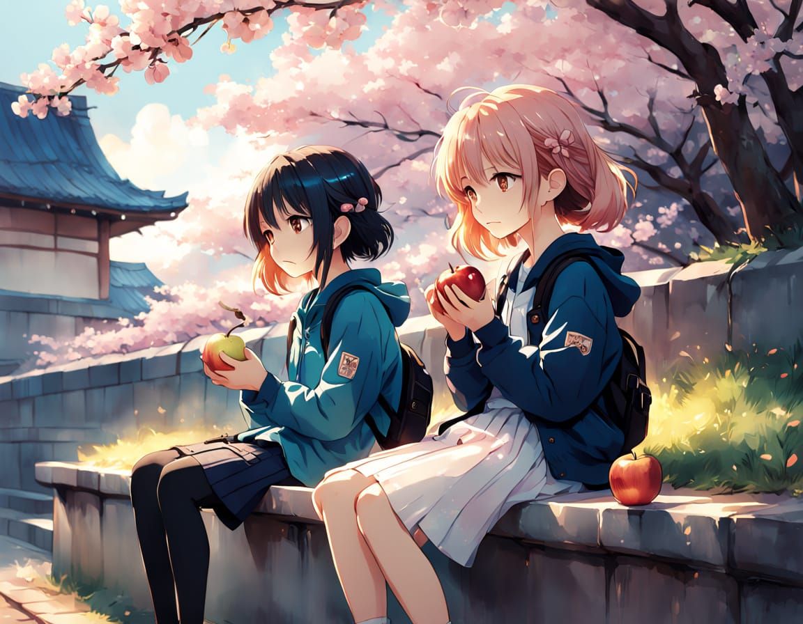 Delicate Anime Scene with Children Eating Apples Amidst Cher...