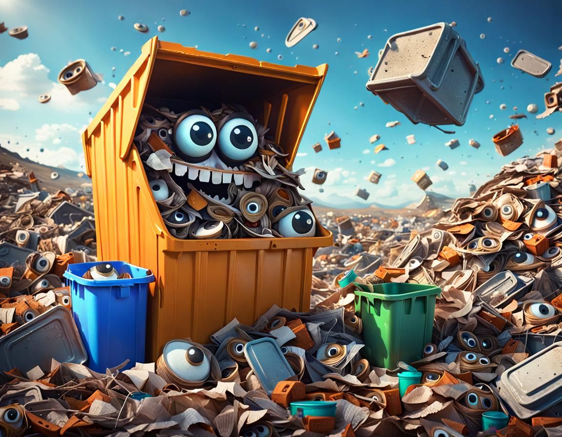 Googly-Eyed Trash Screen in Landfill: Fantasy Concept Art