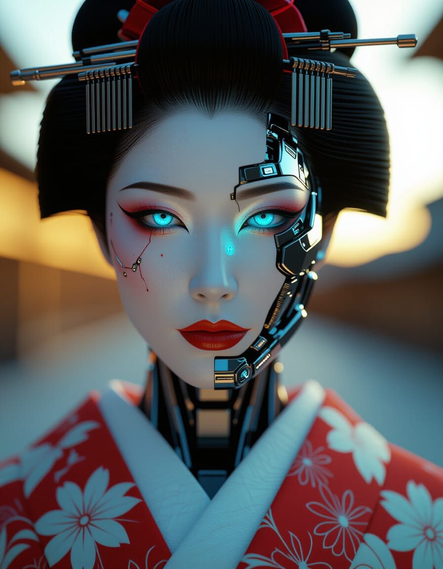 Cybernetic Geisha Portrait with Glowing Blue Eyes
