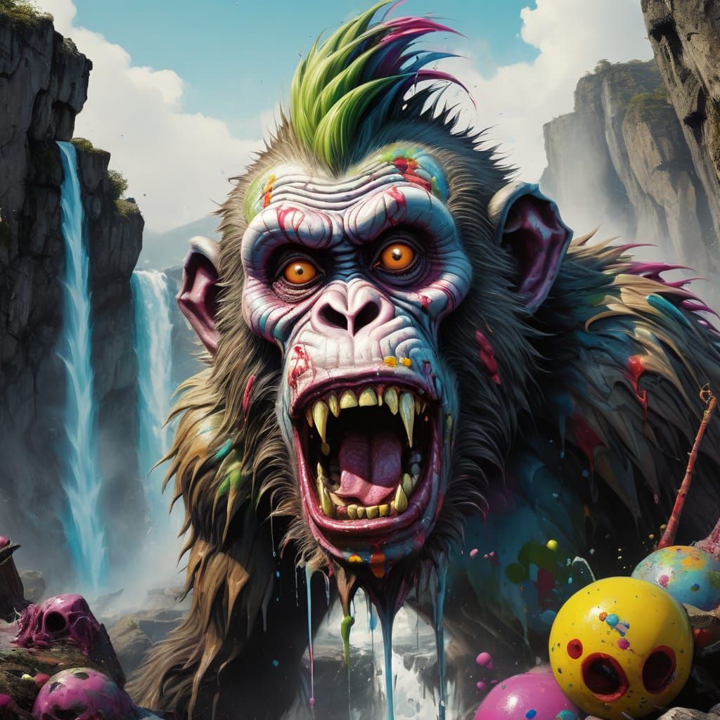 Zombie Monkey Clown Waterfall in Graffiti Art Style