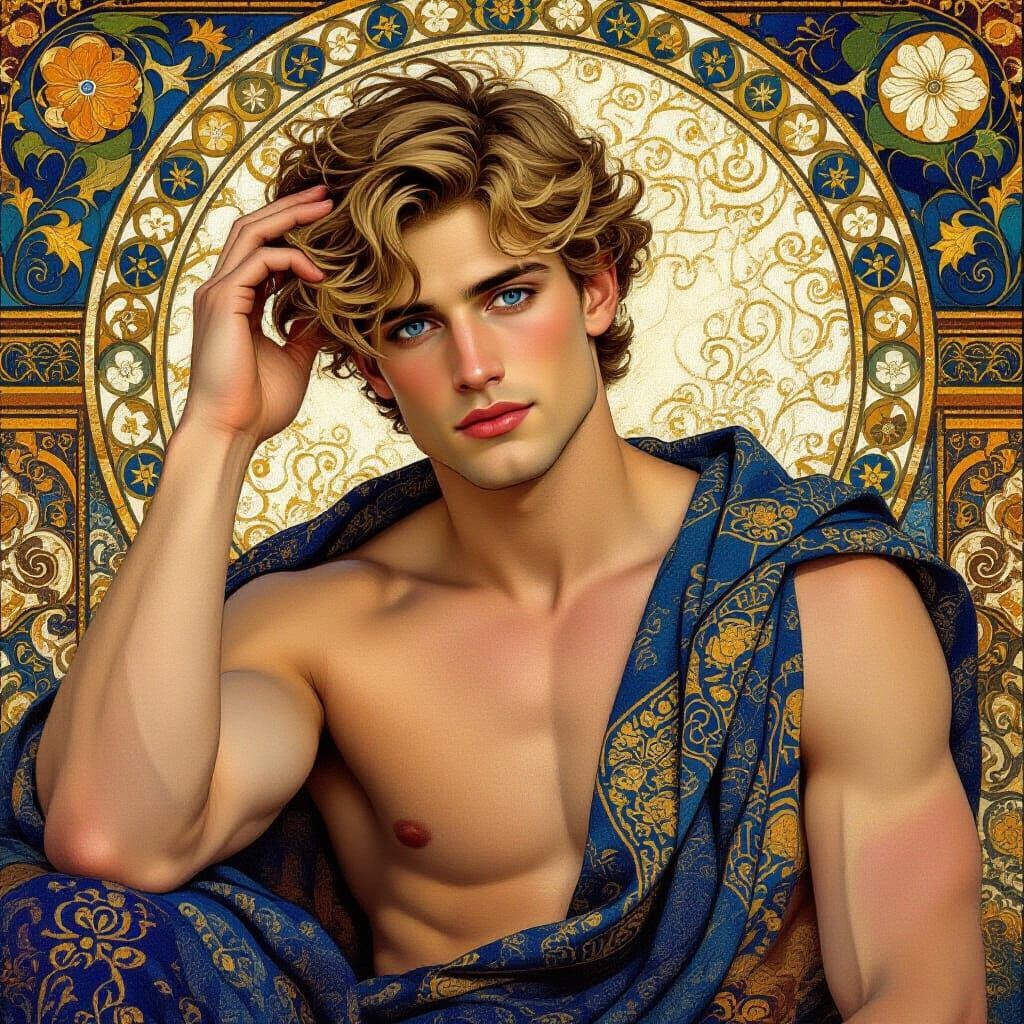 Contemplative Blond Man in Art Nouveau Style