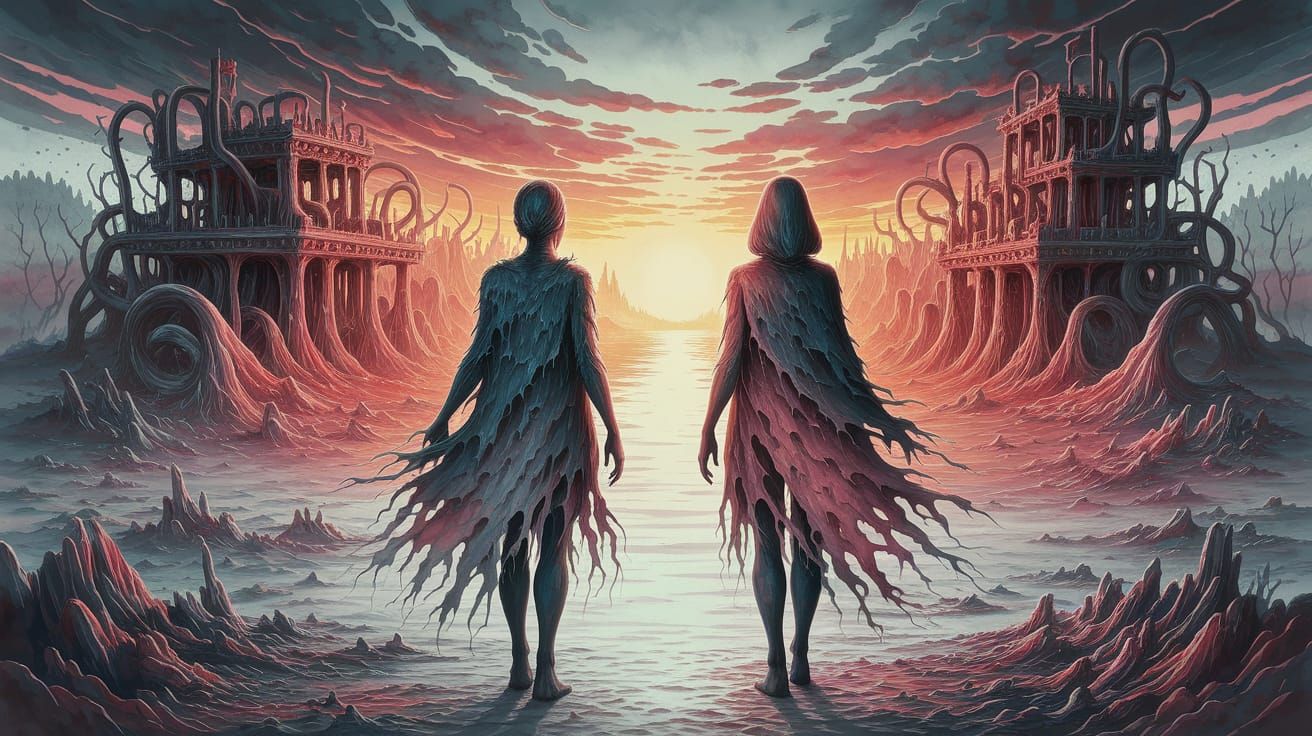 Surreal Dreamscape with Biomechanical Ruins in Warm, Etherea...