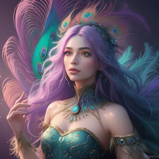 Peacock Woman: A Fantasy Oil Painting in Vibrant Colors