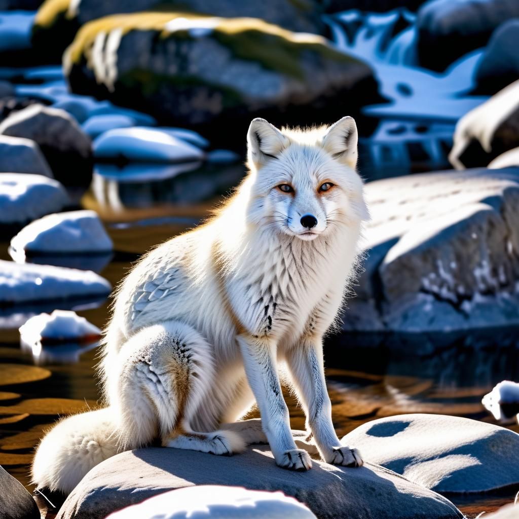 Stunning White Arctic Fox in Snowy Mountain Scene