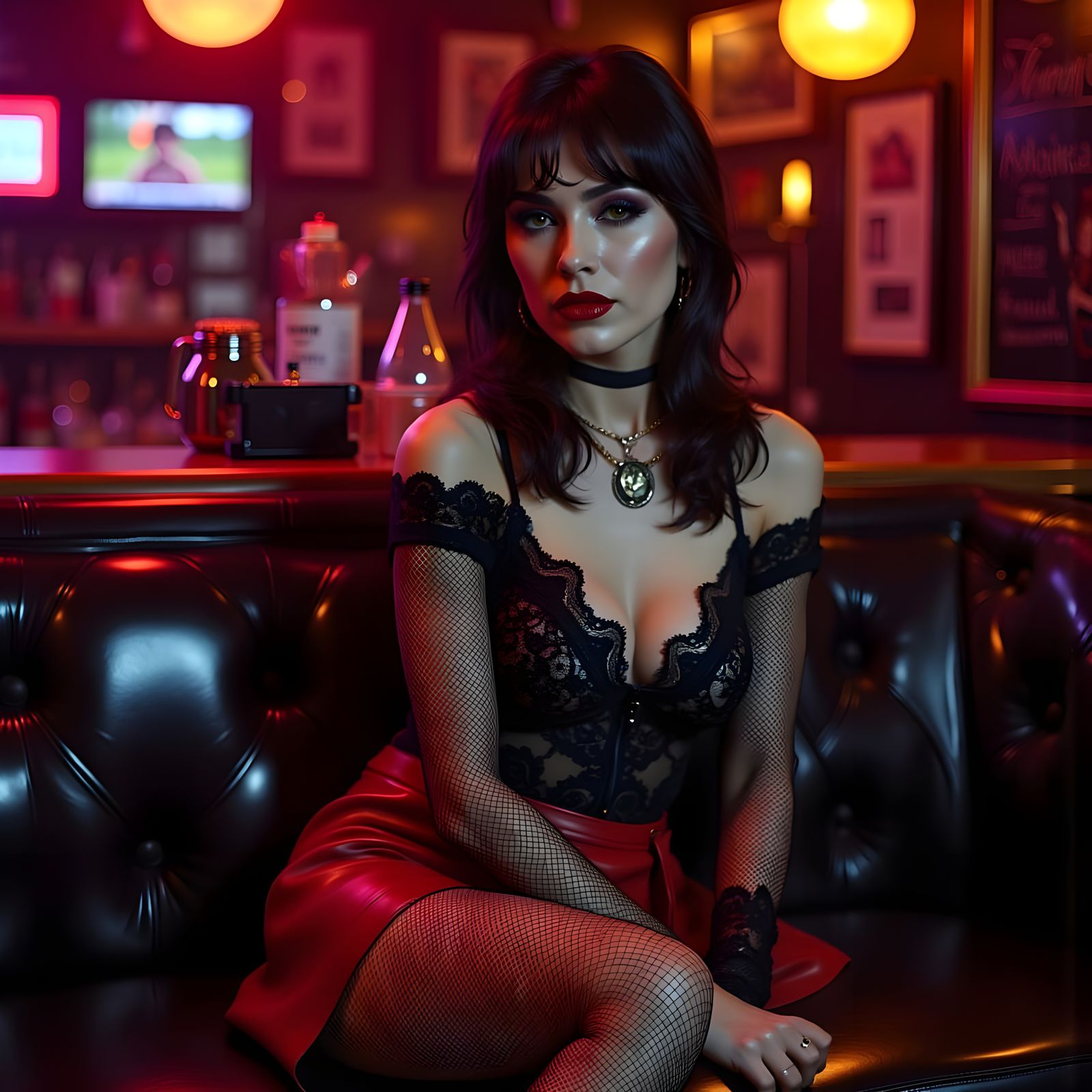 Goth Club Woman in 1980s Style, Red Leather and Black Lace