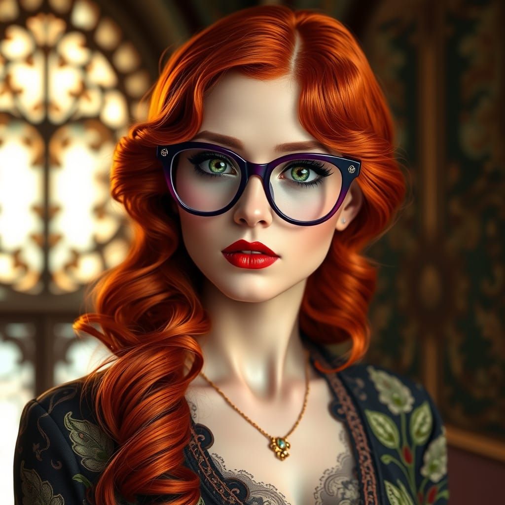 Redhead with Green Eyes in Art Nouveau Style