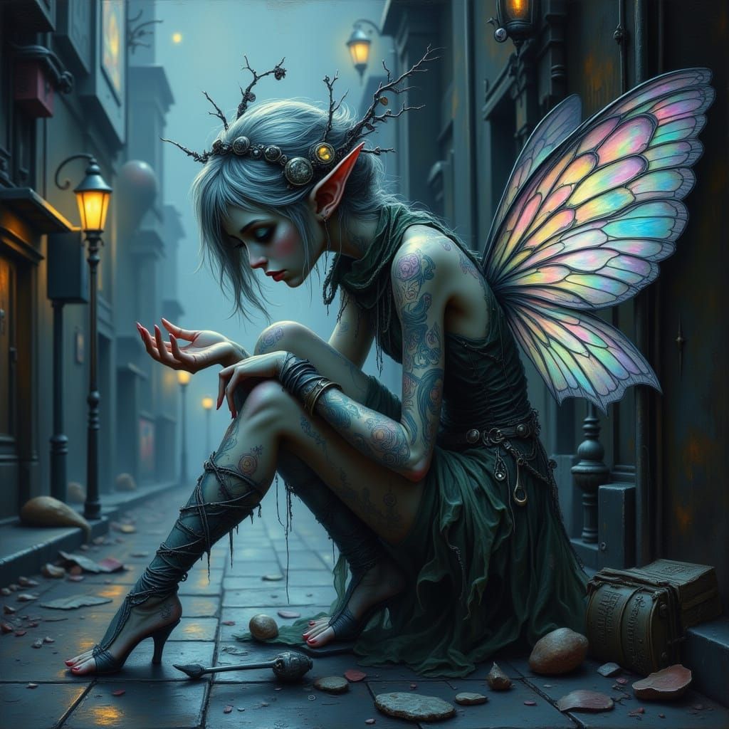 Tattered Fairy Begging on City Sidewalk in Gothic Style