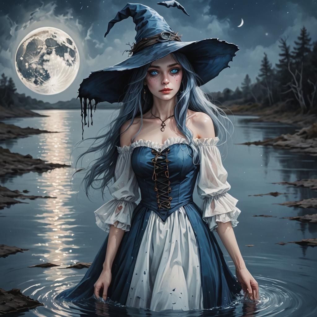 Enchanting Witch Portrait with Blue Dress and Hat