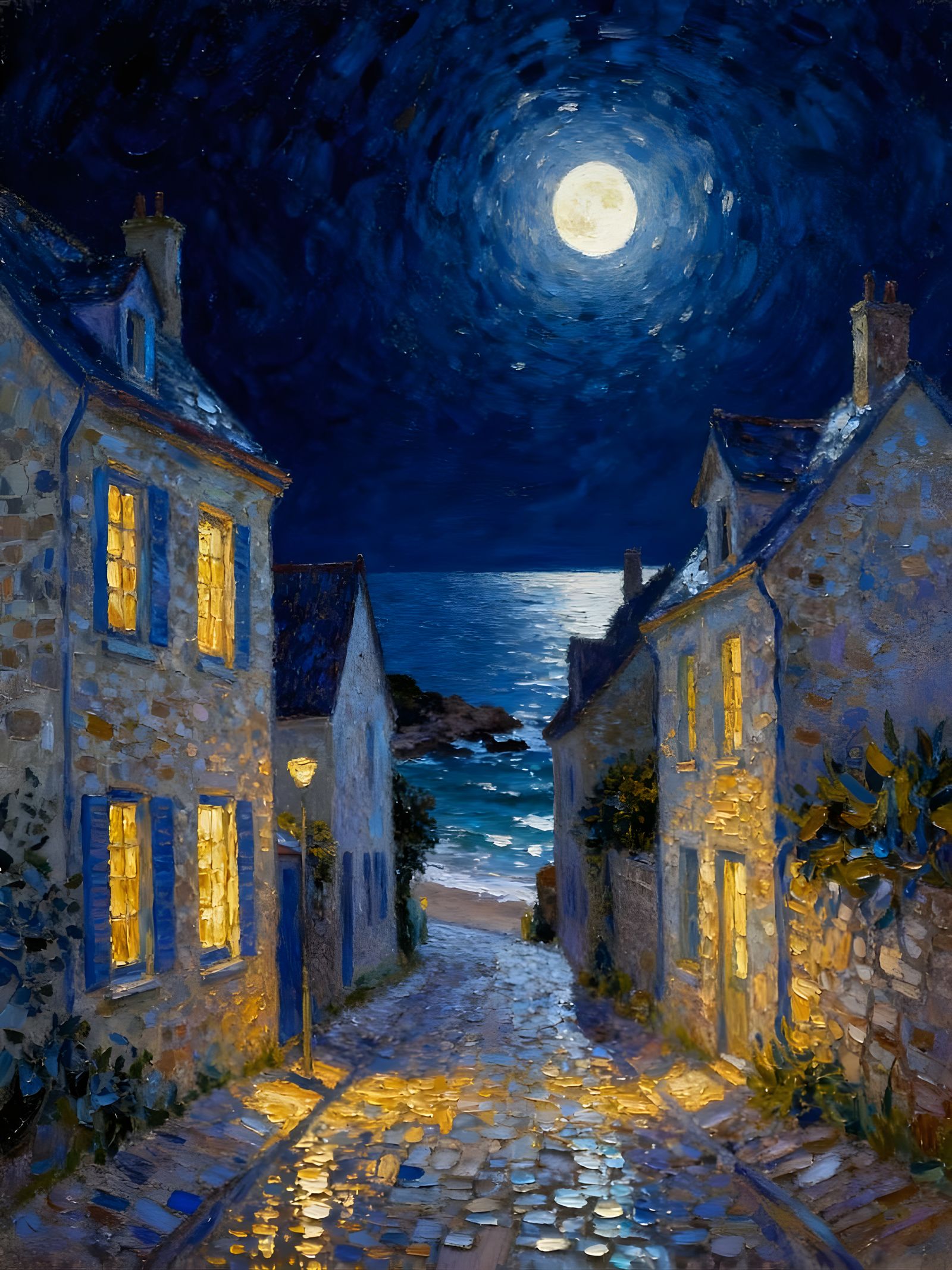 Seaside Village Moonlight Scene in Neo-Impressionist Style