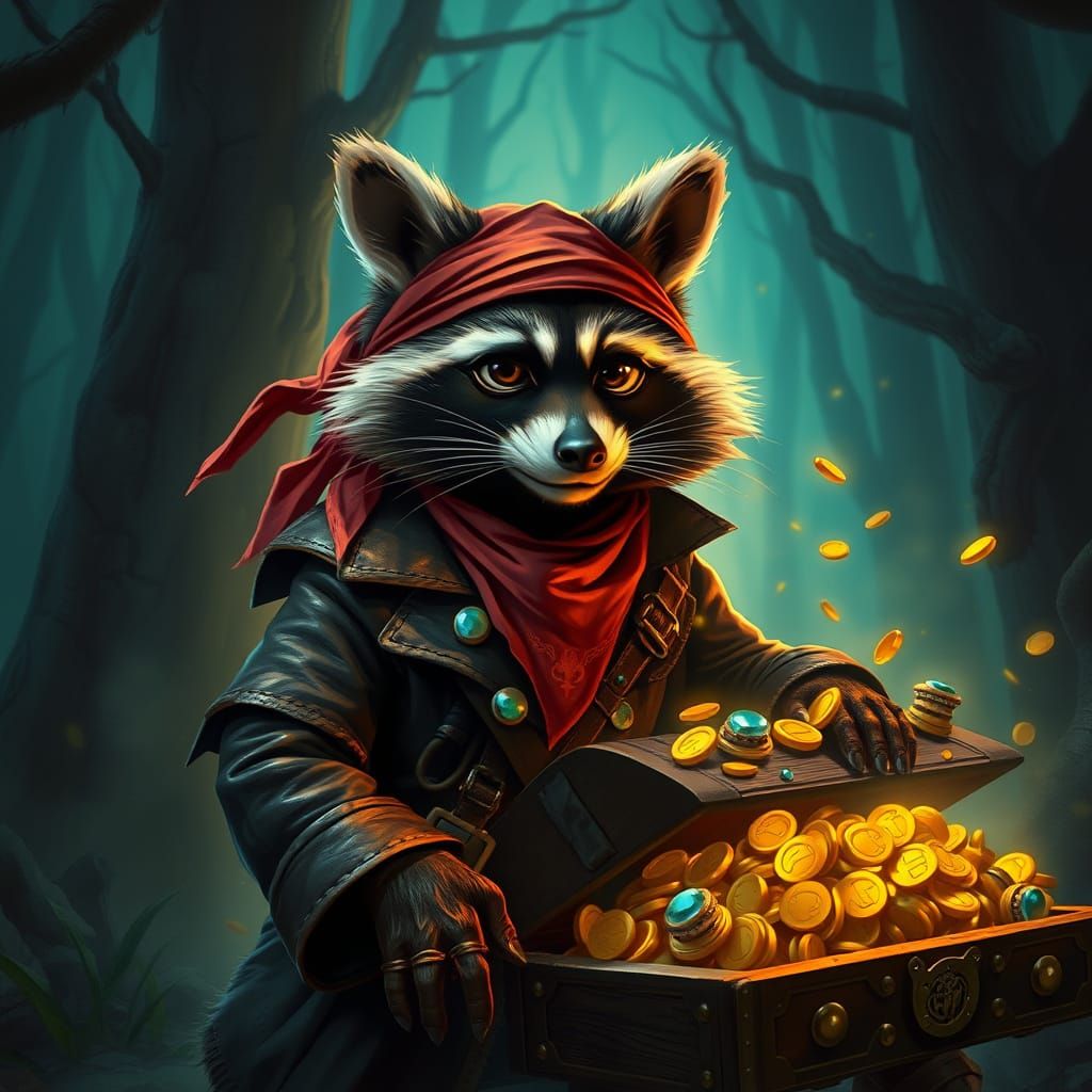Raccoon Pirate Guarding Gold Chest in Mystical Forest