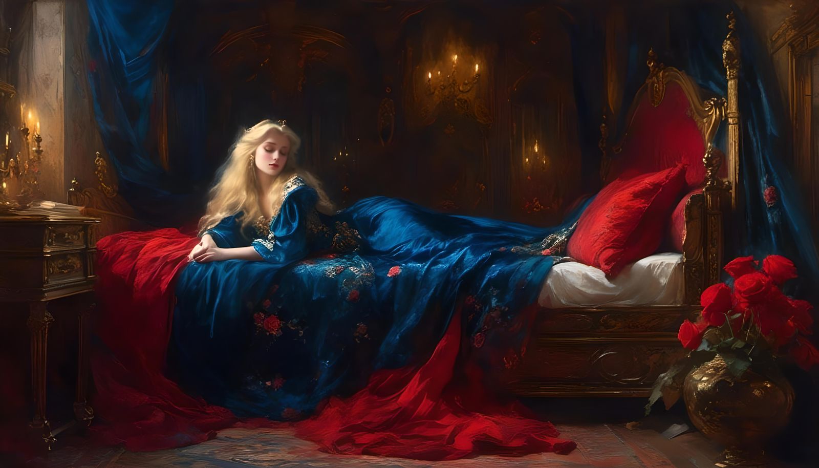 Sleeping Beauty in Gothic Palace, Oil Painting