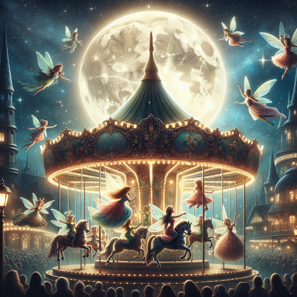 Fairies on a Carousel Under the Moonlit Sky