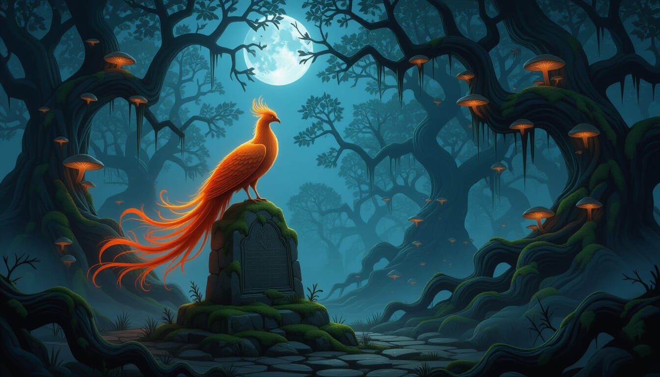 Majestic Phoenix in Enchanted Dark Fantasy Forest