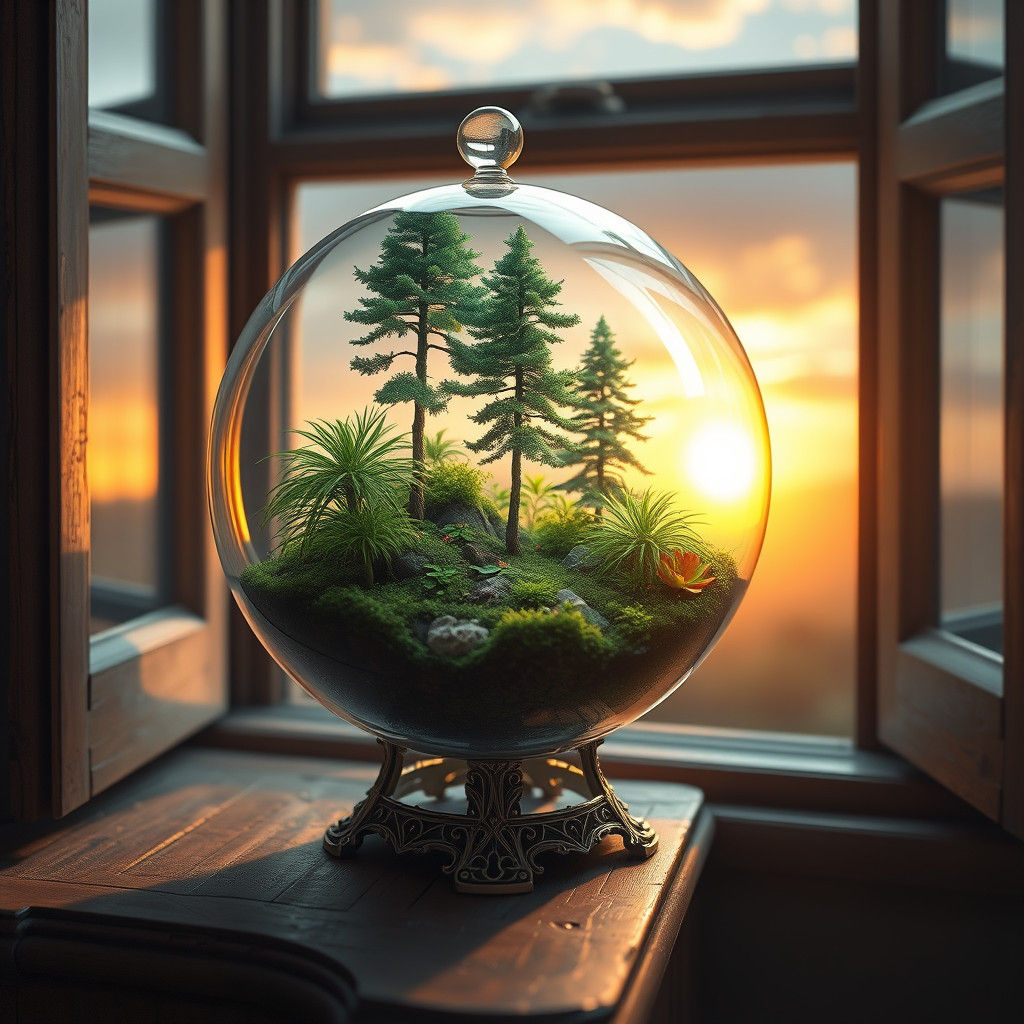 Enchanted Forest in Glass Globe at Sunset