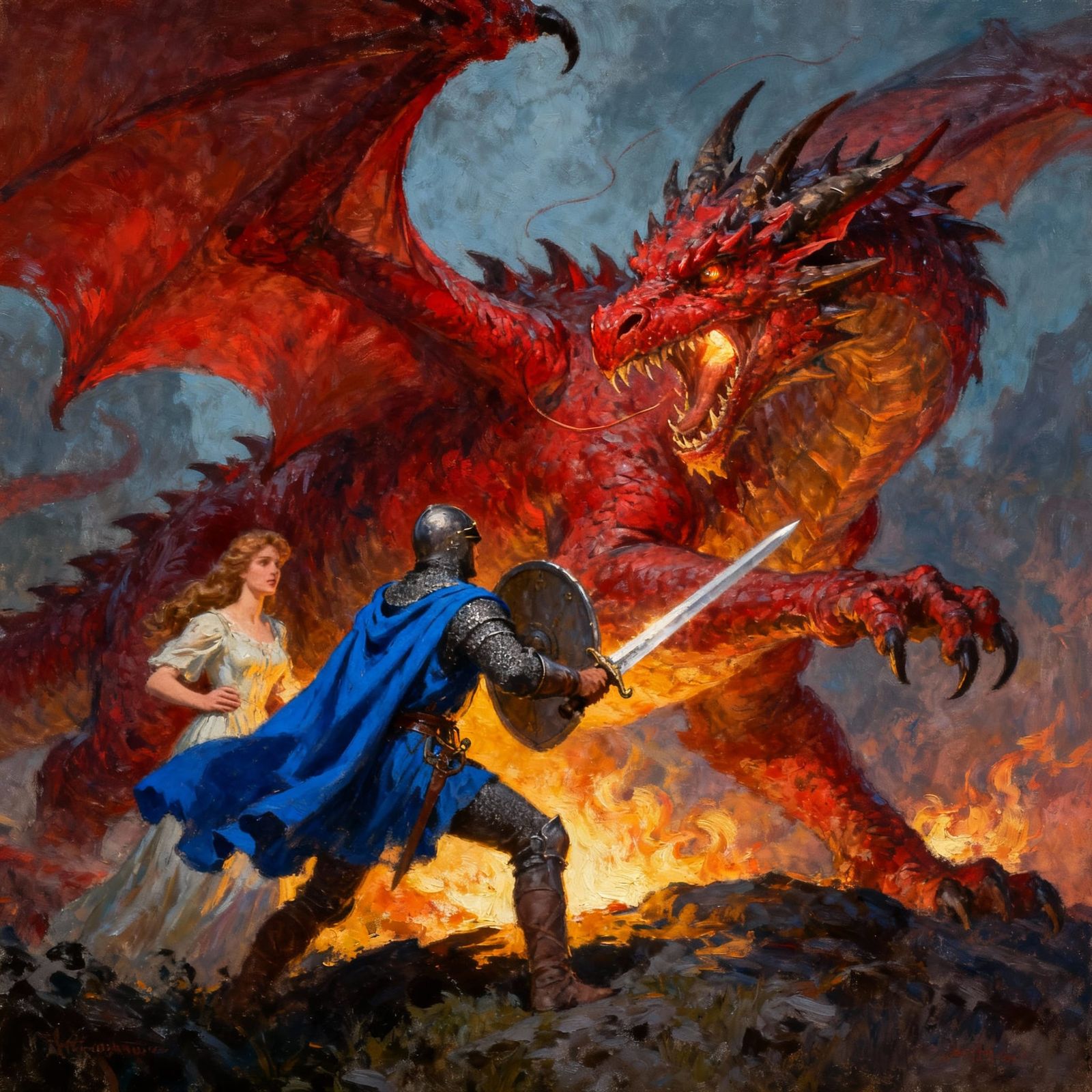 Knight Battles Fearsome Red Dragon in Epic Oil Painting