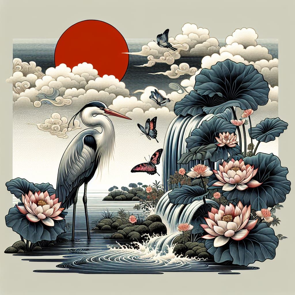 Majestic Crane and Red Sun in East Asian Landscape