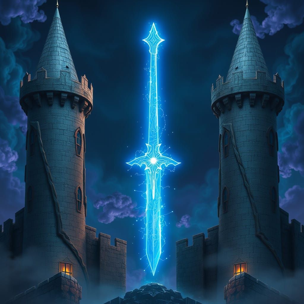 Electric Blue Sword Between Castle Towers in Fantasy Landsca...