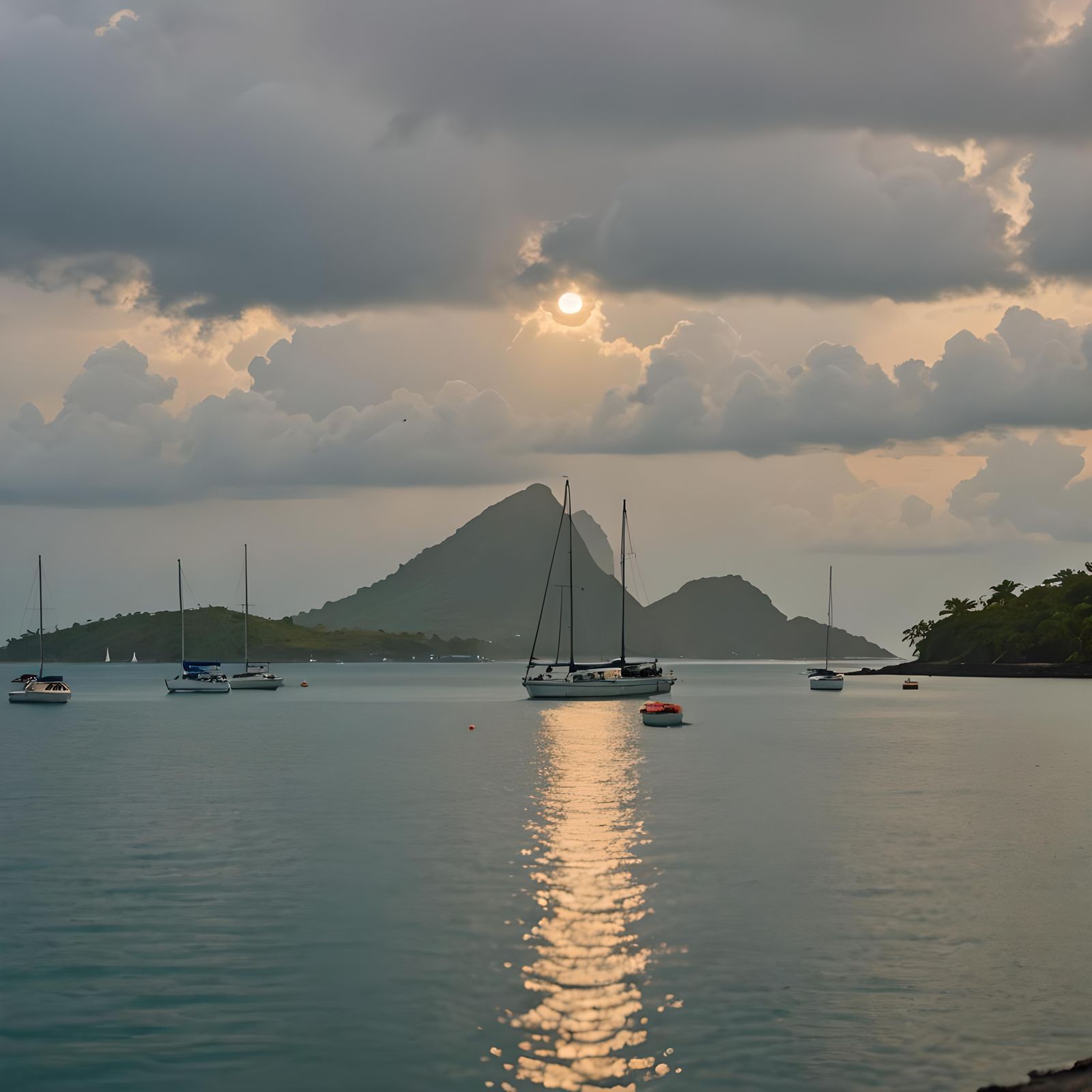 Caribbean Island Sunrise with Sailboats: Photography