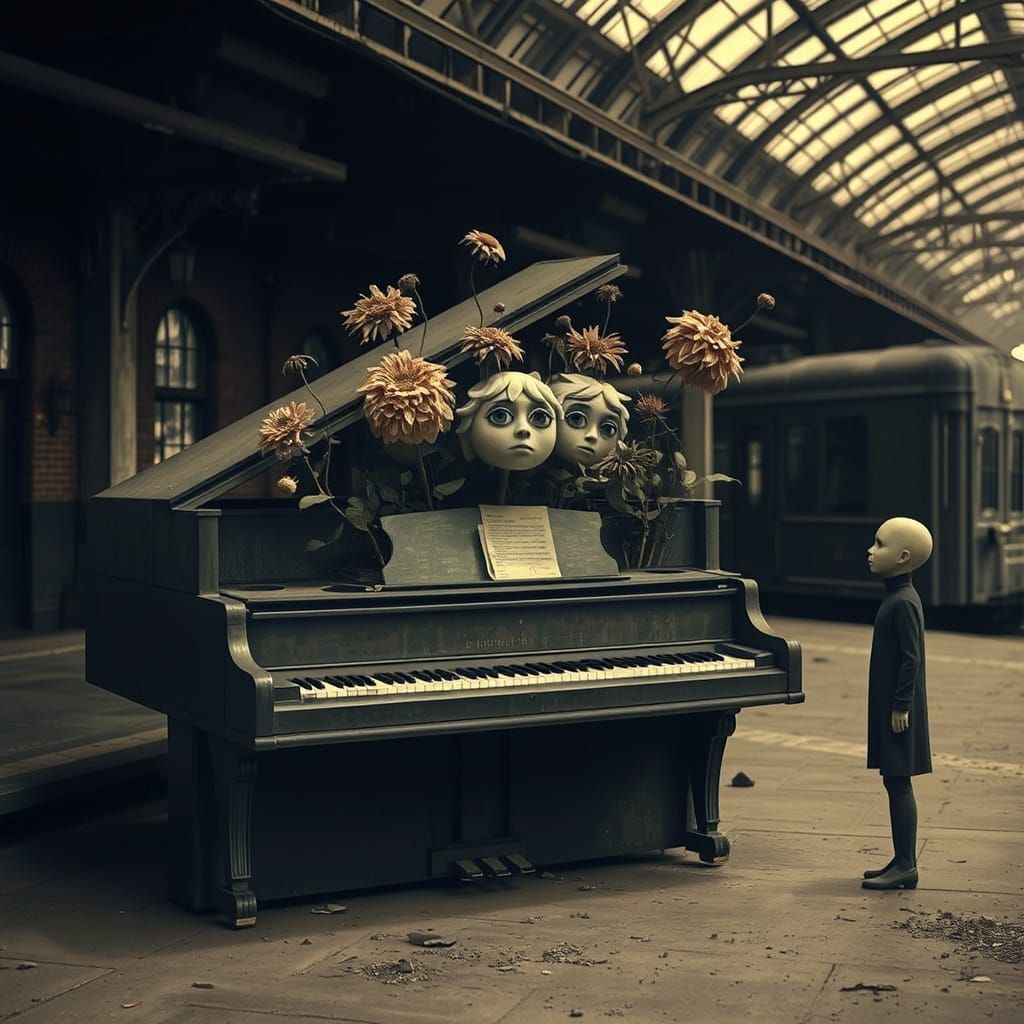 Ethereal Train Station Piano Scene in Sepia Tones