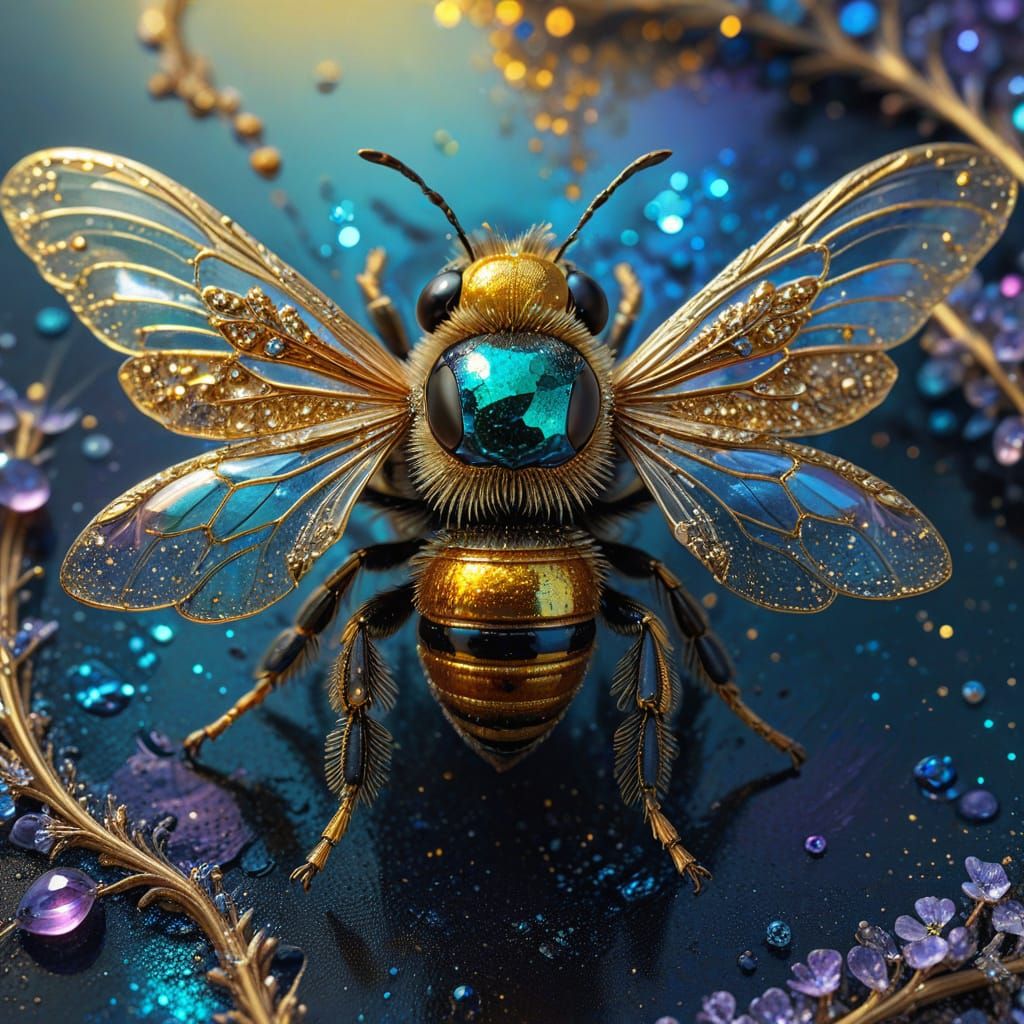 Jewel Encrusted Bee with Iridescent Wings in Surreal Style