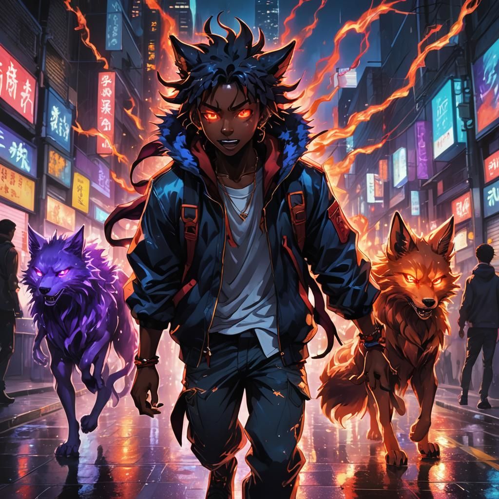 Demonic Kitsune Transformation in Cyberpunk Anime Style