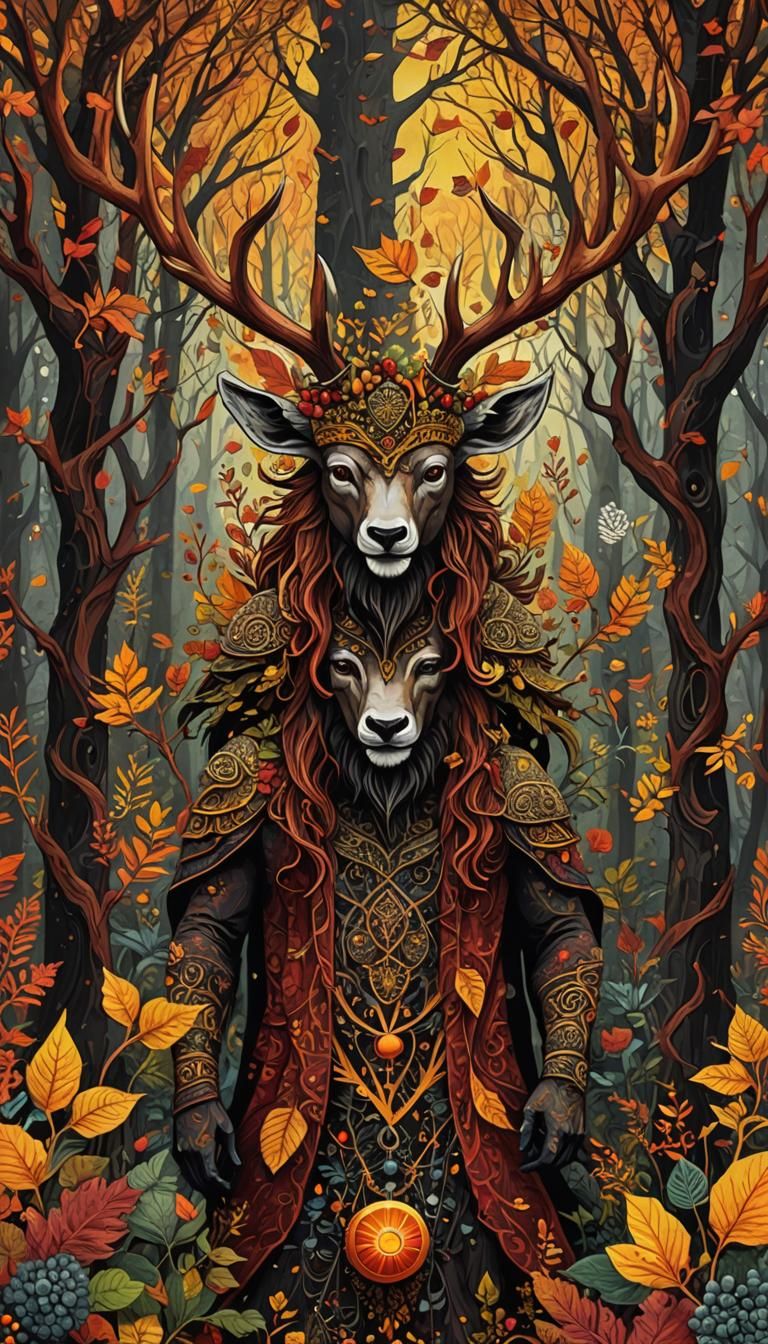 Horned God with antlers   Fall  colors  mixed media painting...