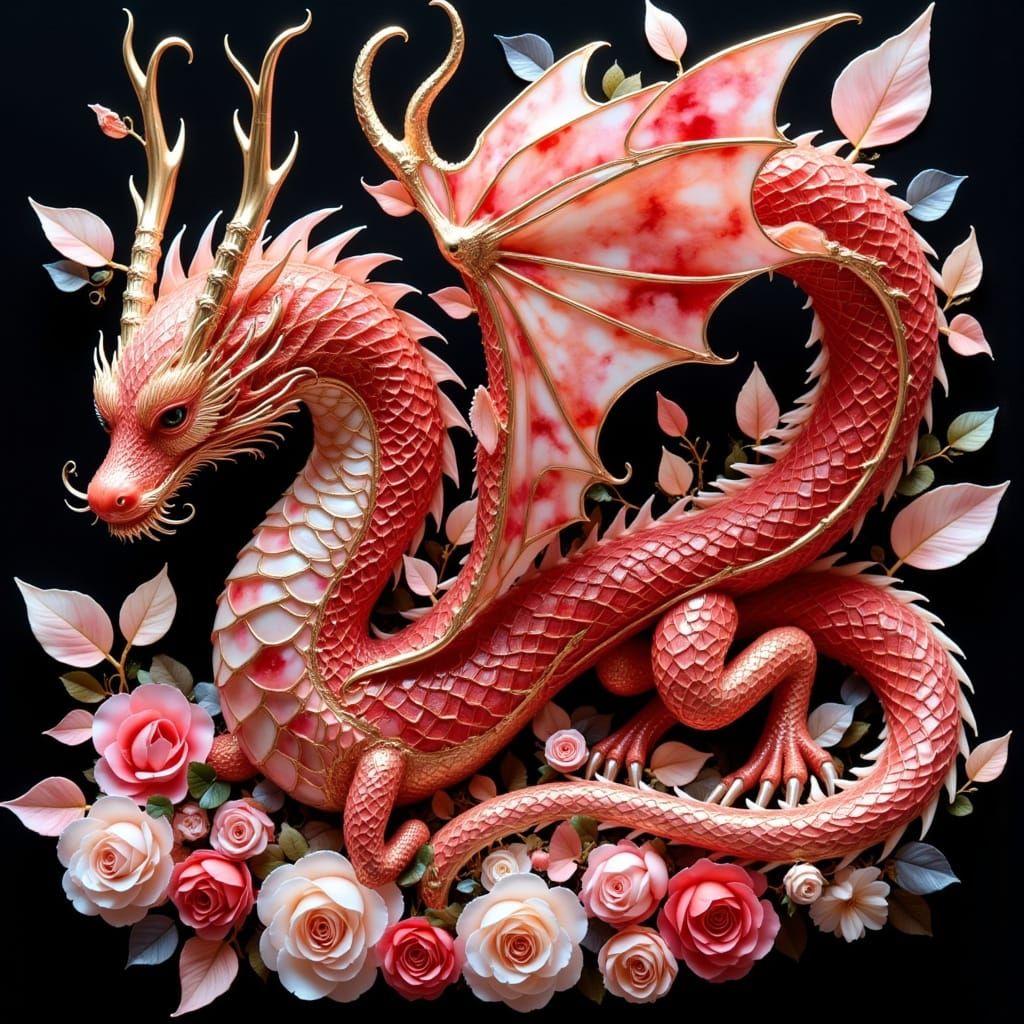 Stained Glass Dragoness on Cherries and Roses